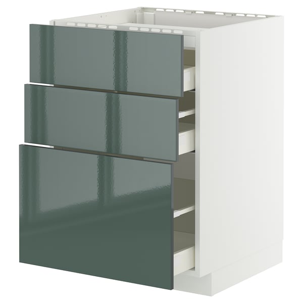 METOD / MAXIMERA - METOD / MAXIMERA Base cab f hob/3 fronts/3 drawers, white/Kallarp high-gloss dark grey-green, 60x60 cm