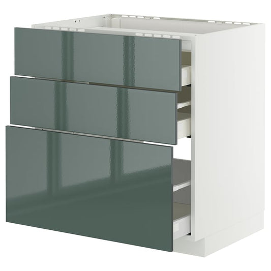 METOD / MAXIMERA - METOD / MAXIMERA Base cab f hob/3 fronts/3 drawers, white/Kallarp high-gloss dark grey-green, 80x60 cm