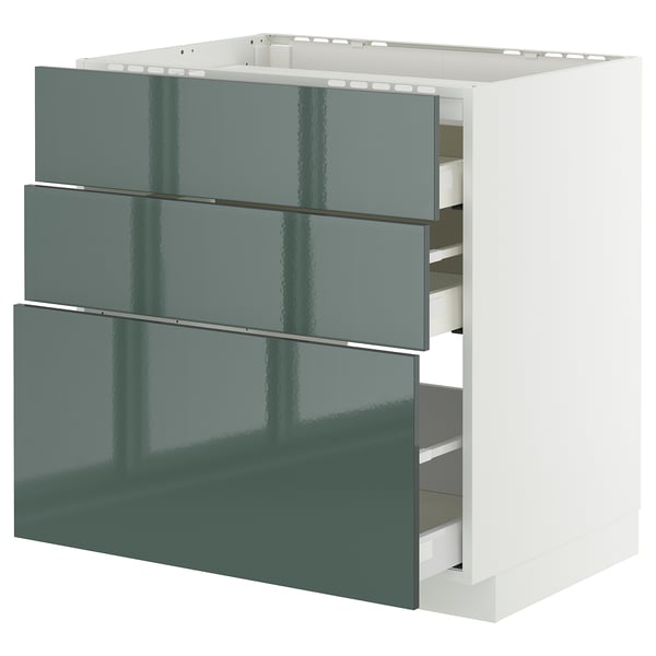 METOD / MAXIMERA - METOD / MAXIMERA Base cab f hob/3 fronts/3 drawers, white/Kallarp high-gloss dark grey-green, 80x60 cm
