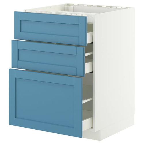 METOD / MAXIMERA base cab f hob/3 fronts/3 drawers, white/Lerhyttan blue, 60x60 cm