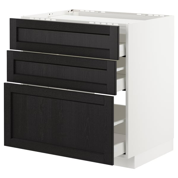 METOD / MAXIMERA base cab f hob/3 fronts/3 drawers, white/Lerhyttan black stained, 80x60 cm