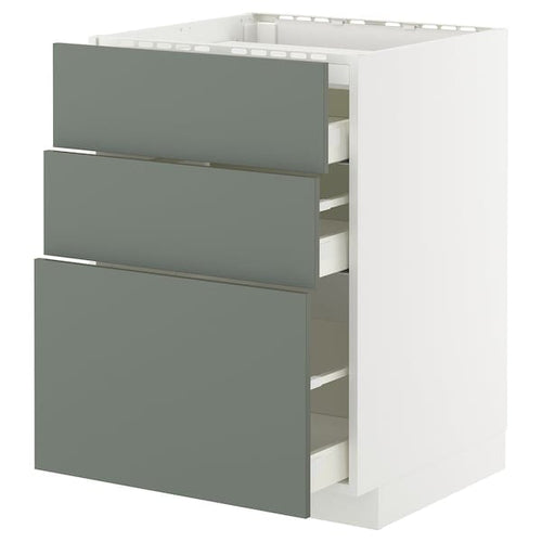 METOD / MAXIMERA - METOD / MAXIMERA Base cab f hob/3 fronts/3 drawers, white/Nickebo matt grey-green, 60x60 cm