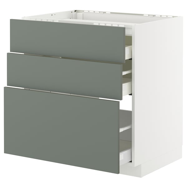 METOD / MAXIMERA - METOD / MAXIMERA Base cab f hob/3 fronts/3 drawers, white/Nickebo matt grey-green, 80x60 cm