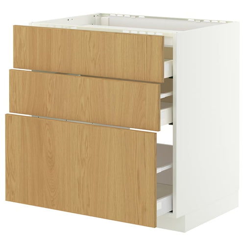 METOD / MAXIMERA base cab f hob/3 fronts/3 drawers, white/Sinarp oak veneer, 80x60 cm