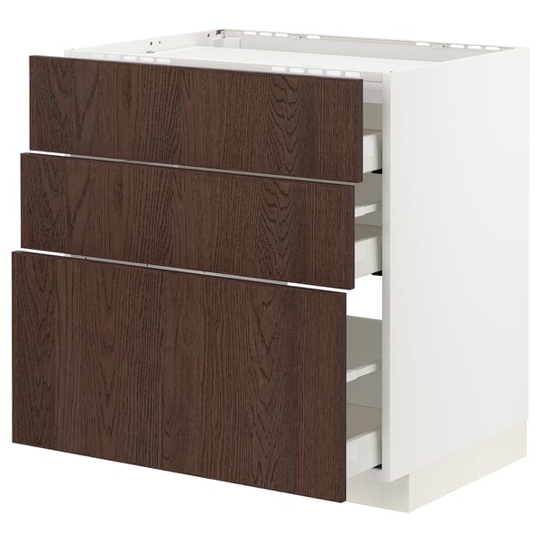 METOD / MAXIMERA - Base cab f hob/3 fronts/3 drawers, white/Sinarp brown , 80x60 cm