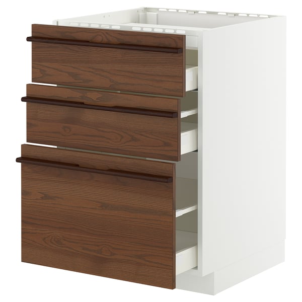 METOD / MAXIMERA base cab f hob/3 fronts/3 drawers, white/Stensta dark brown ash veneer, 60x60 cm