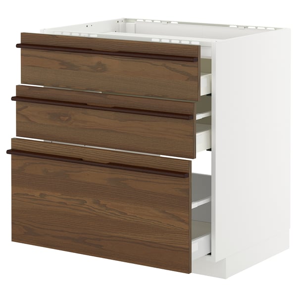 METOD / MAXIMERA - METOD / MAXIMERA Base cab f hob/3 fronts/3 drawers, white/Stensta dark brown ash veneer, 80x60 cm