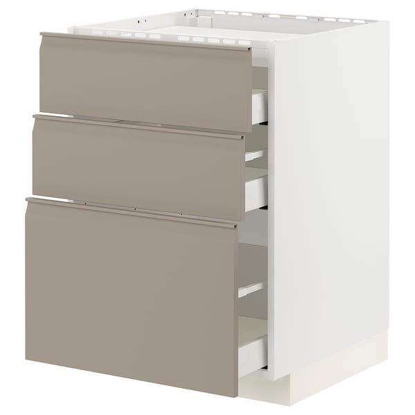 METOD / MAXIMERA base cab f hob/3 fronts/3 drawers, white/Upplöv matt dark beige, 60x60 cm