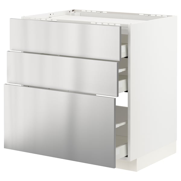 METOD / MAXIMERA base cab f hob/3 fronts/3 drawers, white/Vårsta stainless steel, 80x60 cm