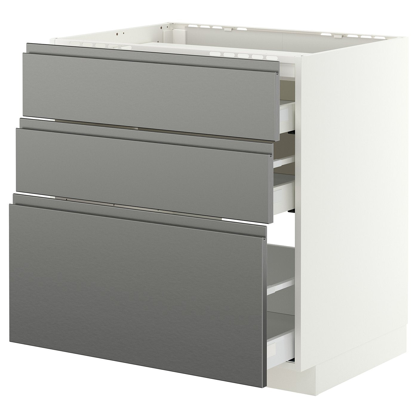 METOD / MAXIMERA base cab f hob/3 fronts/3 drawers, white/Voxtorp stainless steel effect, 80x60 cm