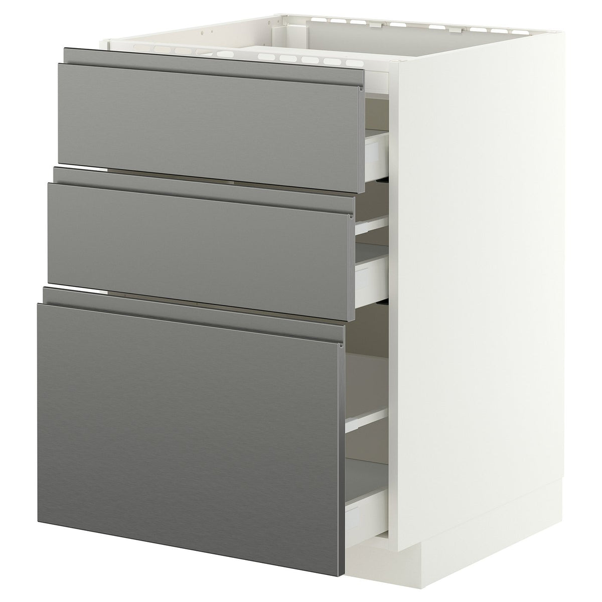 METOD / MAXIMERA base cab f hob/3 fronts/3 drawers, white/Voxtorp stainless steel effect, 60x60 cm