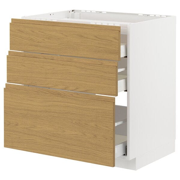 METOD / MAXIMERA - METOD / MAXIMERA Base cab f hob/3 fronts/3 drawers, white/Voxtorp oak effect, 80x60 cm