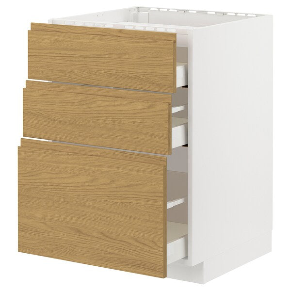 METOD / MAXIMERA - Base cab f hob/3 fronts/3 drawers, white/Voxtorp oak effect, 60x60 cm