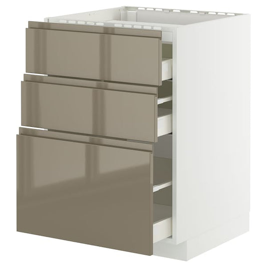 METOD / MAXIMERA - Base cab f hob/3 fronts/3 drawers, white/Voxtorp high-gloss dark grey-brown, 60x60 cm
