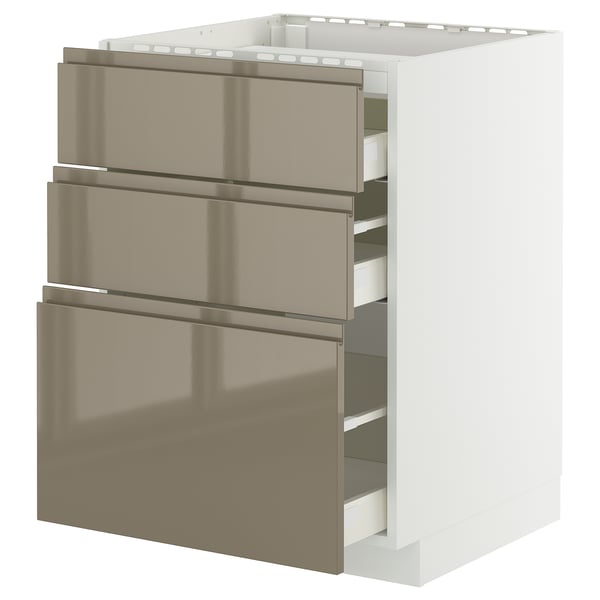 METOD / MAXIMERA - METOD / MAXIMERA Base cab f hob/3 fronts/3 drawers, white/Voxtorp high-gloss dark grey-brown, 60x60 cm