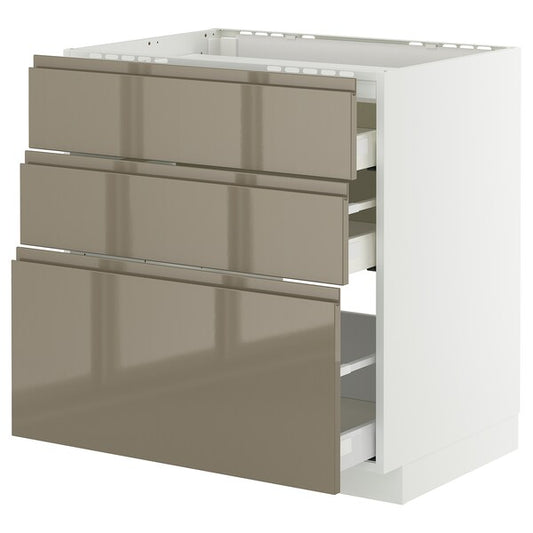 METOD / MAXIMERA - Base cab f hob/3 fronts/3 drawers, white/Voxtorp high-gloss dark grey-brown, 80x60 cm