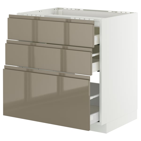 METOD / MAXIMERA - METOD / MAXIMERA Base cab f hob/3 fronts/3 drawers, white/Voxtorp high-gloss dark grey-brown, 80x60 cm