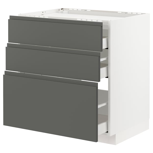 METOD / MAXIMERA - Base cab f hob/3 fronts/3 drawers, white/Voxtorp dark grey , 80x60 cm