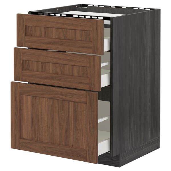 METOD / MAXIMERA base cab f hob/3 fronts/3 drawers, black Enköping/brown walnut effect, 60x60 cm