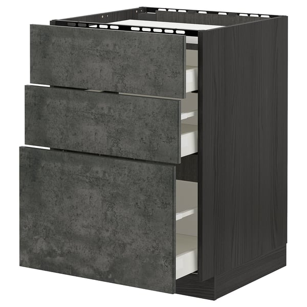 METOD / MAXIMERA base cab f hob/3 fronts/3 drawers, black/Kalhyttan dark grey concrete effect, 60x60 cm