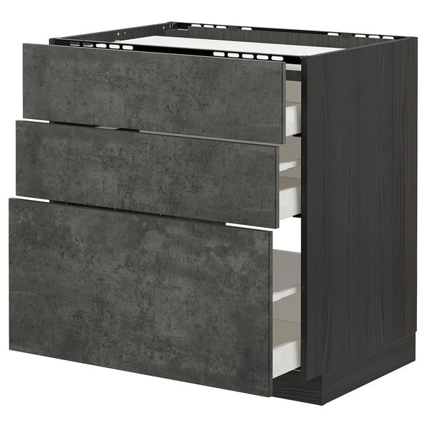 METOD / MAXIMERA base cab f hob/3 fronts/3 drawers, black/Kalhyttan dark grey concrete effect, 80x60 cm