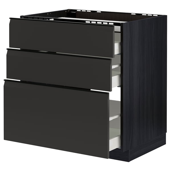METOD / MAXIMERA base cab f hob/3 fronts/3 drawers, black/Upplöv matt anthracite, 80x60 cm