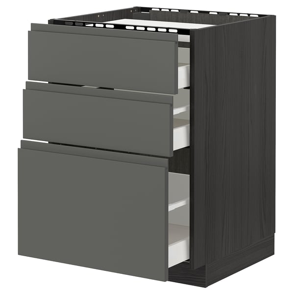 METOD / MAXIMERA base cab f hob/3 fronts/3 drawers, black/Voxtorp dark grey, 60x60 cm
