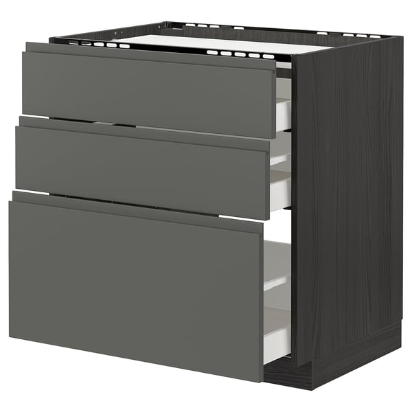 METOD / MAXIMERA base cab f hob/3 fronts/3 drawers, black/Voxtorp dark grey, 80x60 cm