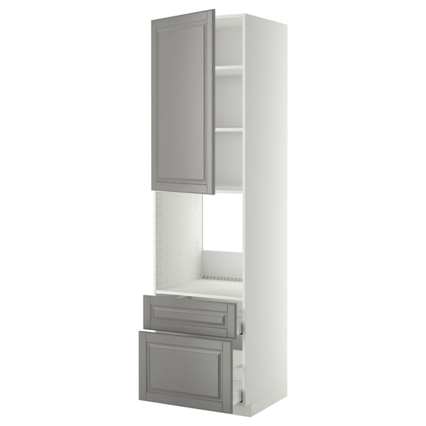 METOD / MAXIMERA - High cabinet f oven+door/2 drawers, white/Bodbyn grey , 60x60x220 cm