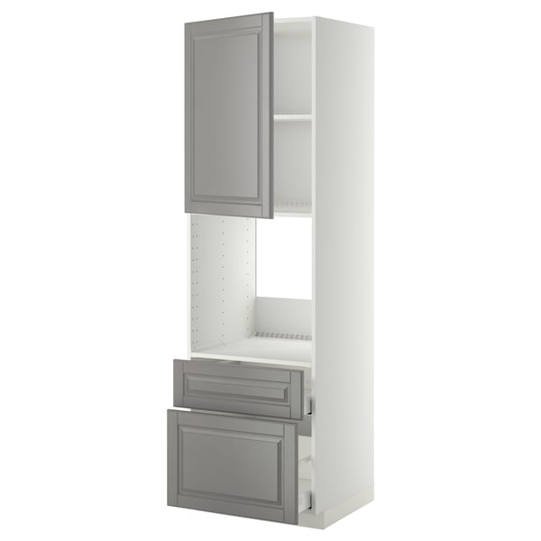 METOD / MAXIMERA - High cabinet f oven+door/2 drawers, white/Bodbyn grey , 60x60x200 cm