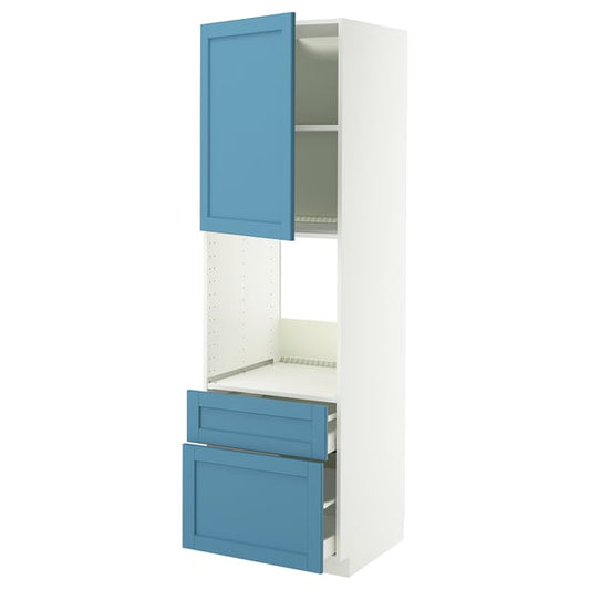METOD / MAXIMERA oven cabinet + door/2 drawers, white/Lerhyttan blue, 60x60x200 cm