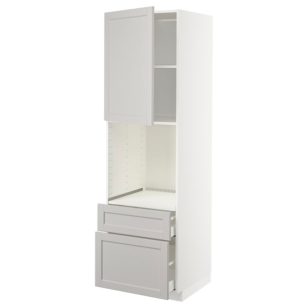 METOD / MAXIMERA - High cabinet f oven+door/2 drawers, white/Lerhyttan light grey , 60x60x200 cm