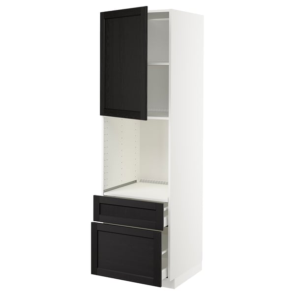 METOD / MAXIMERA high cabinet f oven+door/2 drawers, white/Lerhyttan black stained, 60x60x200 cm