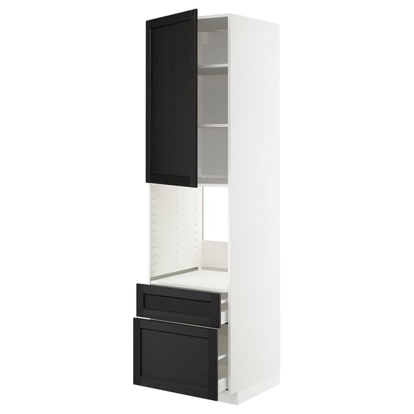 METOD / MAXIMERA high cabinet f oven+door/2 drawers, white/Lerhyttan black stained, 60x60x220 cm