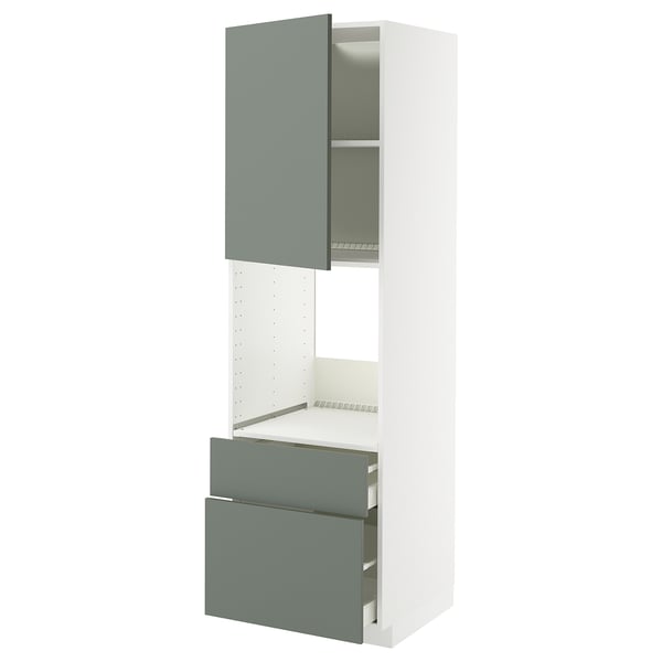 METOD / MAXIMERA high cabinet f oven+door/2 drawers, white/Nickebo matt grey-green, 60x60x200 cm