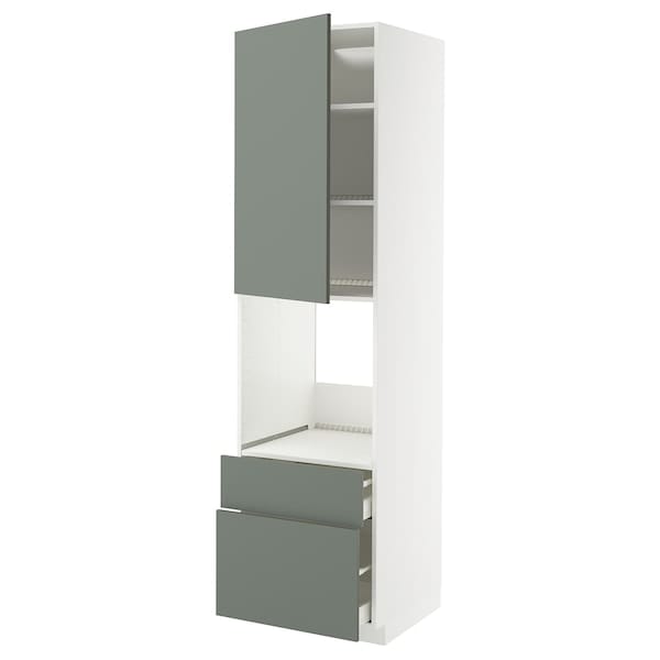 METOD / MAXIMERA - High cabinet f oven+door/2 drawers, white/Nickebo matt grey-green, 60x60x220 cm