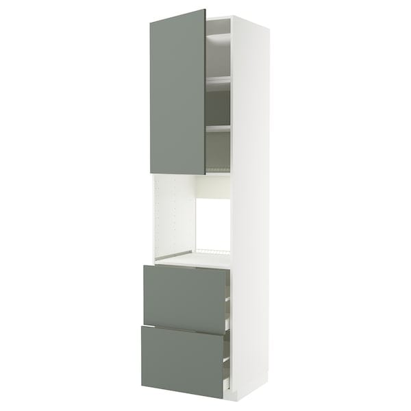 METOD / MAXIMERA - High cabinet f oven+door/2 drawers, white/Nickebo matt grey-green, 60x60x240 cm