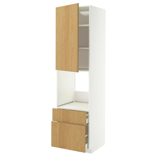 METOD / MAXIMERA oven cabinet + door/2 drawers, white/Sinarp oak veneer, 60x60x220 cm
