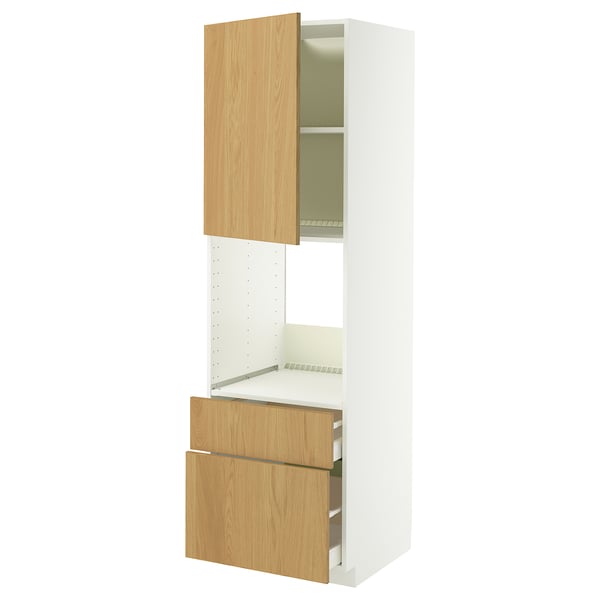 METOD / MAXIMERA oven cabinet + door/2 drawers, white/Sinarp oak veneer, 60x60x200 cm