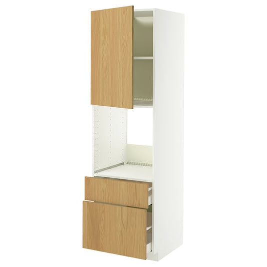 METOD / MAXIMERA oven cabinet + door/2 drawers, white/Sinarp oak veneer, 60x60x200 cm