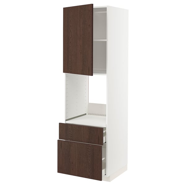 METOD / MAXIMERA - High cabinet f oven+door/2 drawers, white/Sinarp brown , 60x60x200 cm