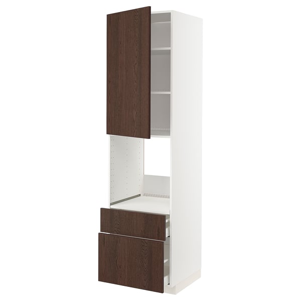 METOD / MAXIMERA high cabinet f oven+door/2 drawers, white/Sinarp brown, 60x60x220 cm
