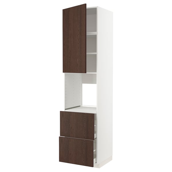 METOD / MAXIMERA high cabinet f oven+door/2 drawers, white/Sinarp brown, 60x60x240 cm