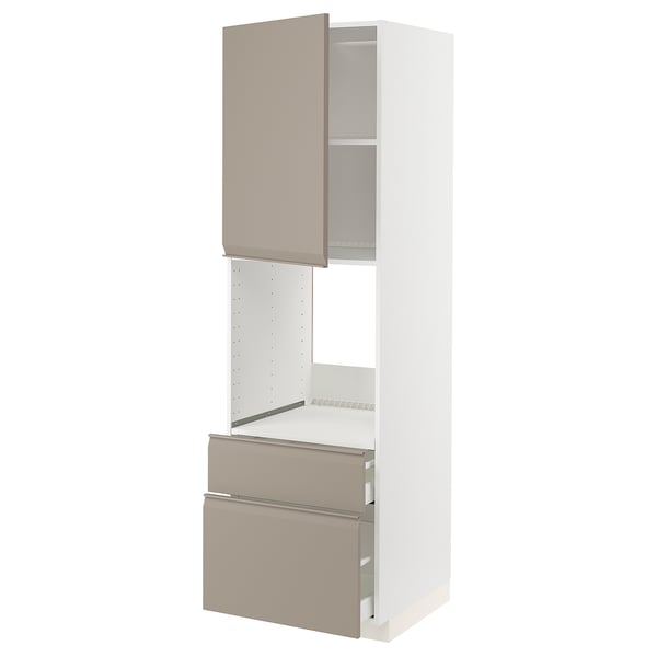 METOD / MAXIMERA high cabinet f oven+door/2 drawers, white/Upplöv matt dark beige, 60x60x200 cm