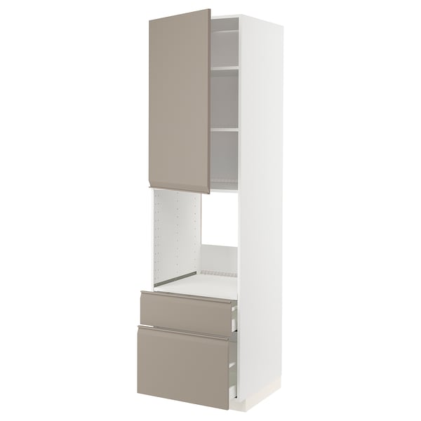 METOD / MAXIMERA - High cabinet f oven+door/2 drawers, white/Upplöv matt dark beige , 60x60x220 cm