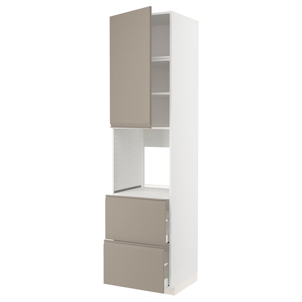 METOD / MAXIMERA high cabinet f oven+door/2 drawers, white/Upplöv matt dark beige, 60x60x240 cm