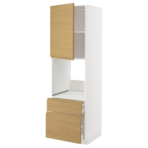 METOD / MAXIMERA - High cabinet f oven+door/2 drawers, white/Voxtorp oak effect, 60x60x200 cm