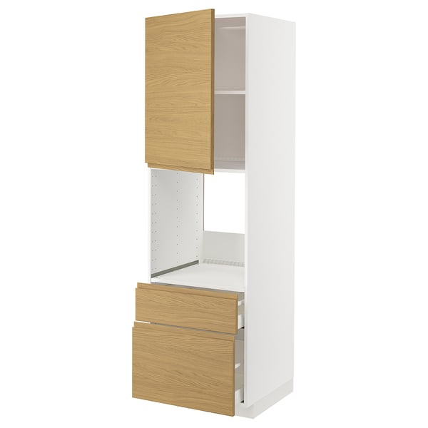 METOD / MAXIMERA high cabinet f oven+door/2 drawers, white/Voxtorp oak effect, 60x60x200 cm