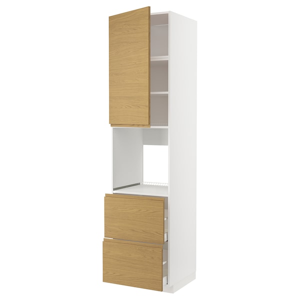 METOD / MAXIMERA - High cabinet f oven+door/2 drawers, white/Voxtorp oak effect, 60x60x240 cm