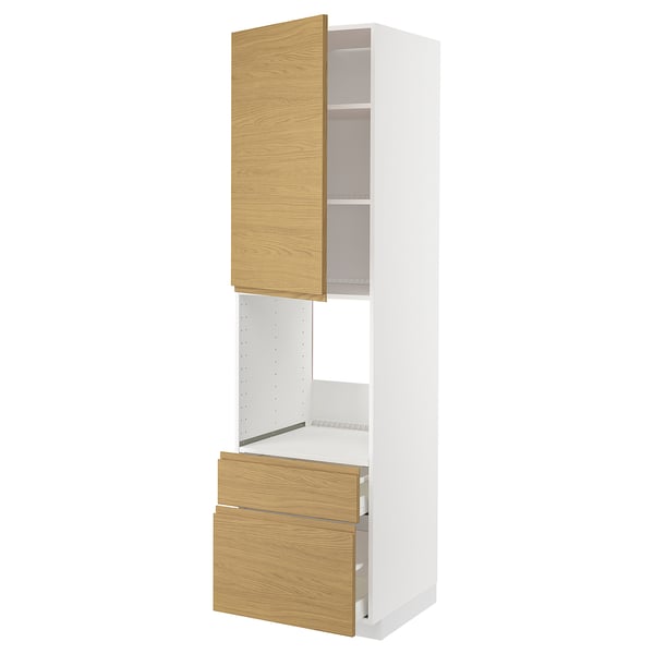 METOD / MAXIMERA high cabinet f oven+door/2 drawers, white/Voxtorp oak effect, 60x60x220 cm